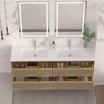 72" Wall-Mounted Double Bathroom Vanity with Integrated Resin Sinks