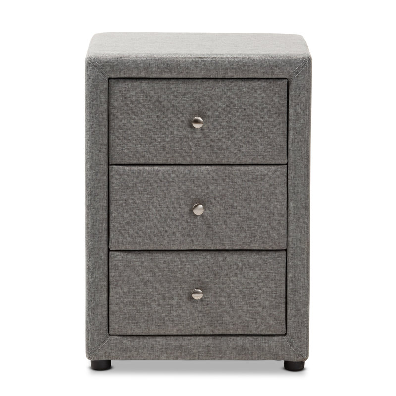  Tessa Modern Grey Fabric Upholstered 3 Drawer Nightstand with Chrome Knobs