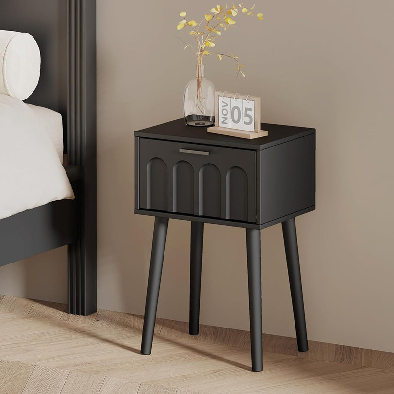 Ensemble de 2 tables de chevet, petite table de chevet avec porte arquée, table de bout de style Mid-Century avec pieds en bois pour la chambre à coucher, petit espace (noir)