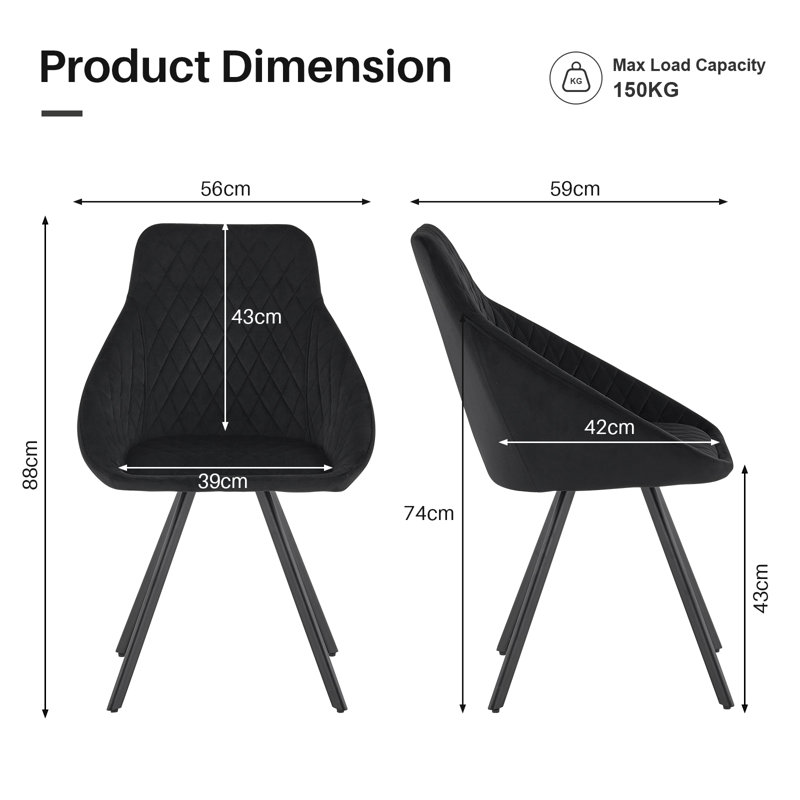 43cm H Velvet Upholstered Metal Side Chair, Black