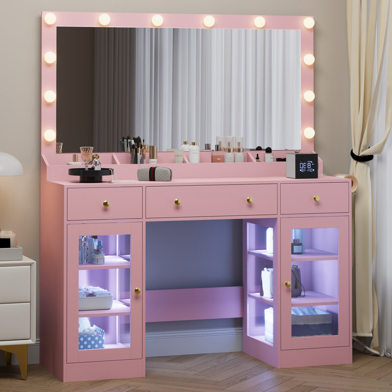 Vanity Desk with Power Outlet,Lighted Mirror, Makeup Dressing Table with Large Storage Drawer, Cabinet and Foldable Panel