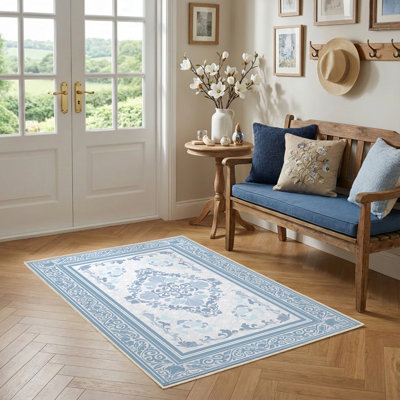 Tapis floral faux cachemire 3 pi x 5 pi avec envers antidérapant en TPE, tapis décoratif doux pour le salon ou la chambre à coucher, bleu cendré