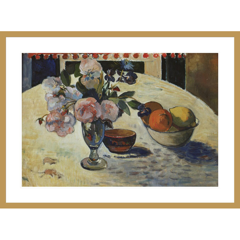 «Flowers and a Bol of Fruit on a Table» par Paul Gauguin - Reproduction giclée encadrée, H 30,68 po x l 41,5 po