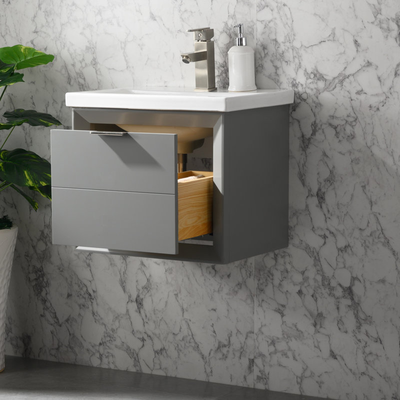 Meuble-lavabo mural simple 20 po avec plateau en céramique Draven, Gris