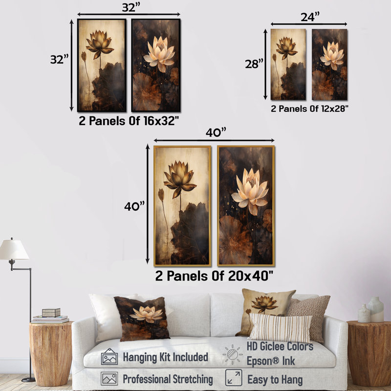 «Rustic Lotus Serenity», ensemble d'art mural sur toile Lotus, Encadrement brun, H 32 po x l 33 po