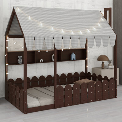 Montessori Kids Floor Bed with House Shape, Fence Railings, Tent, Lights and 3 Storage Shelves