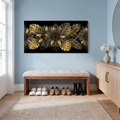Or et noir motif floral tropical, reproduction d'art sur toile tendue sur toile, ensemble de 1