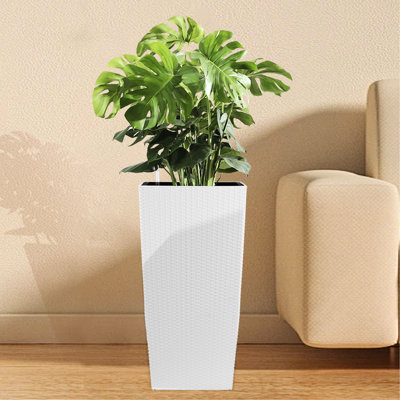 Modern White Polypropylene Planter With Automatic Watering System Faux Square For Home Gardens