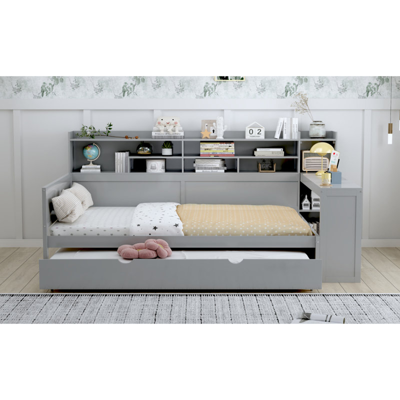 Lit de jour avec tablettes de rangement, lit multifonctionnel avec lit gigogne simple et bureau d'étude, gris, Complet/Double