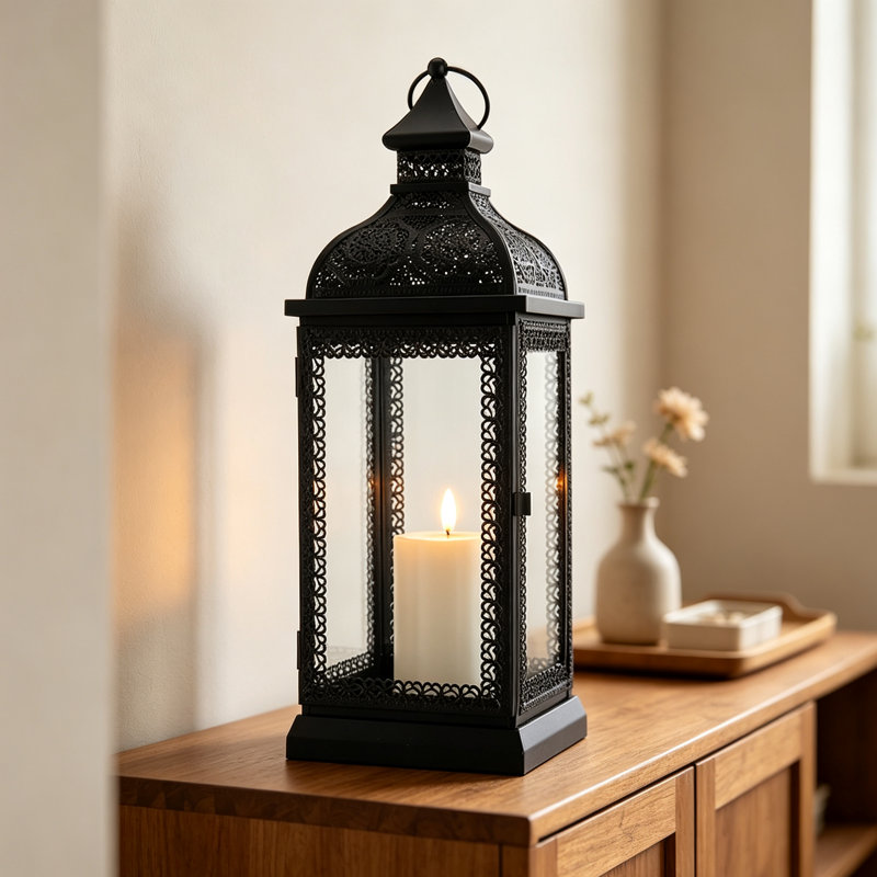 Glass & Metal Tabletop Lantern, 46cm H x 15cm W x 15cm D, Black