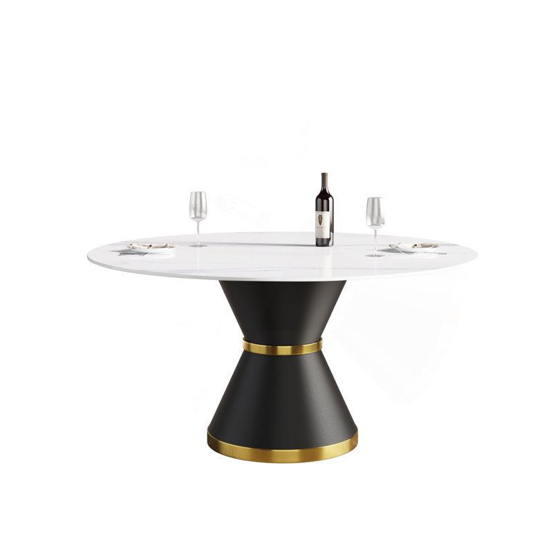 Table de salle à manger moderne 59,05 "en pierre artificielle ronde en acier au carbone noir pouvant accueillir 6 personnes