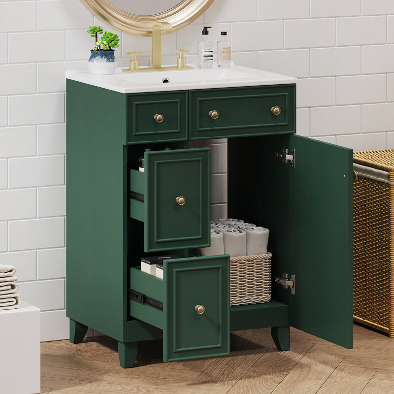 Meuble-lavabo avec lavabo en céramique Forest, 2 tiroirs, 1 porte à fermeture en douceur, Vert givré