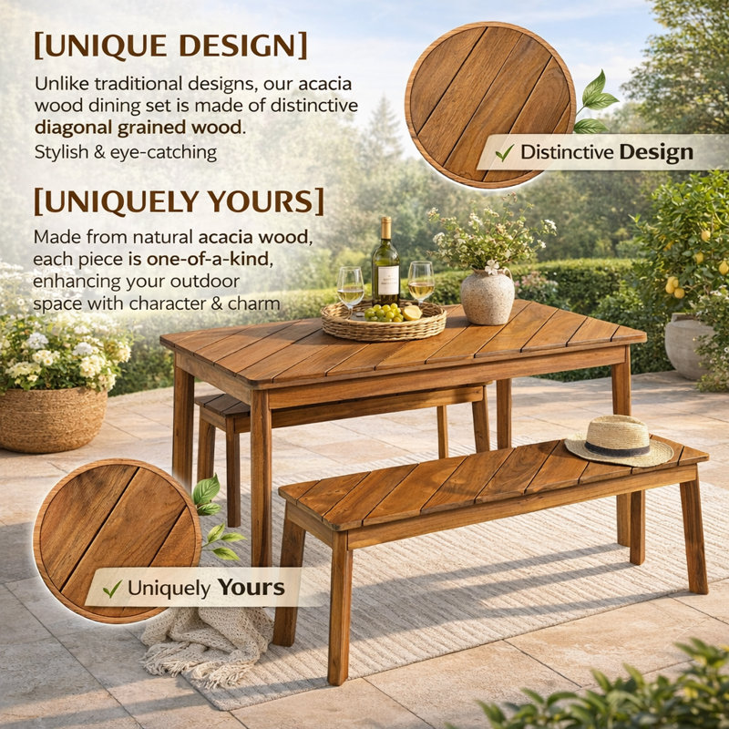 Ensemble de 3 tables de salle à manger d'extérieur en bois d'acacia massif pour patio, porche, bord de piscine