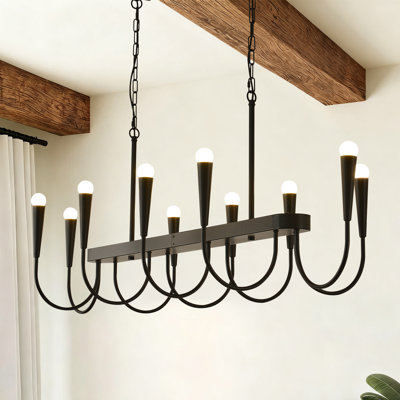 Grand lustre noir de style campagnard, plafonnier rectangulaire à 10 lumières pour îlot de cuisine, chaîne de suspension réglable, E12