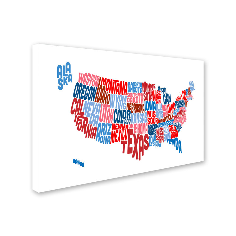 « united states typographie text map », reproduction d’impression sur toile tendue, H 16 po x l 24 po x P 2 po