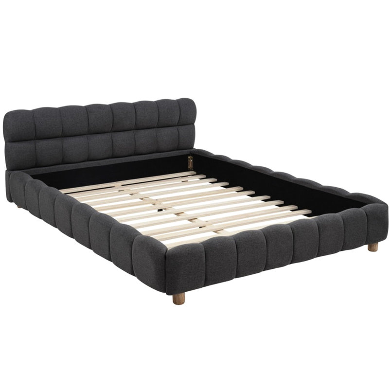 Lit plateforme tapissier en tissu gris pour grand lit, style moderne, profil bas, motif quadrillé, matériaux naturels, structure à profil requis en gris, avec revêtement en grille, fait de jute