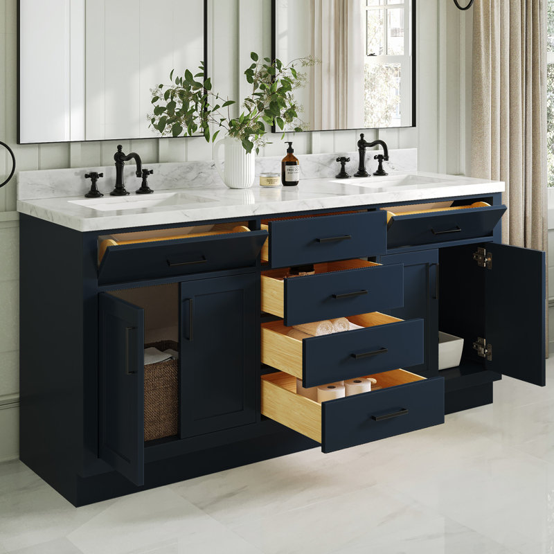 Tidworth Solid Wood Double Bathroom Vanity with 1.5' Carrara Marble Top, Forme rectangulaire, Bleu minuit, Noir mat