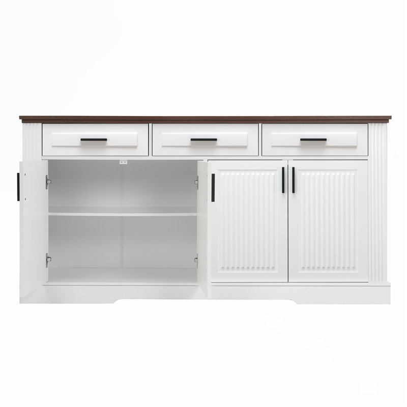 Buffet de style buffet cannelé de 63 pouces avec rangement, station de café, 4 portes, 3 tiroirs, console de cuisine, blanc