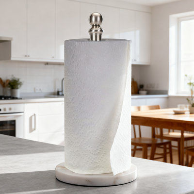 Freestanding Paper Towel Holder With Weighted Marble Base For One-Handed Tearing, Brushed Nickel Stainless Steel Stand For Kitchen And Bathroom Countertops