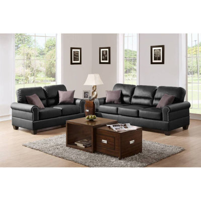 Black Bonded Leather 2Pc Sofa Set Sofa And Loveseat Living Room Furniture