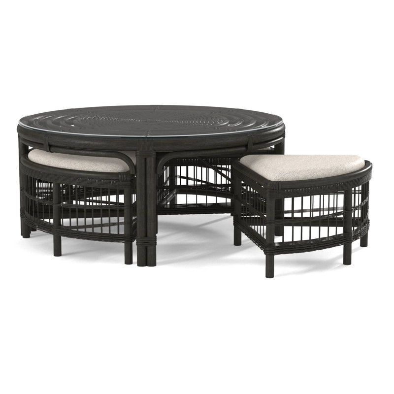 Raffles Rattan Cocktail Table with Benches, Havana, Snow Crypton Performance; 0884-91