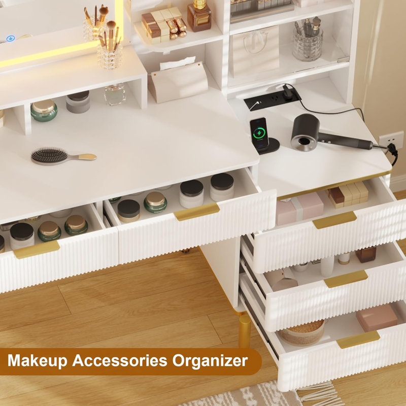 Bureau de maquillage avec lumières et prise électrique, Blanc / Doré