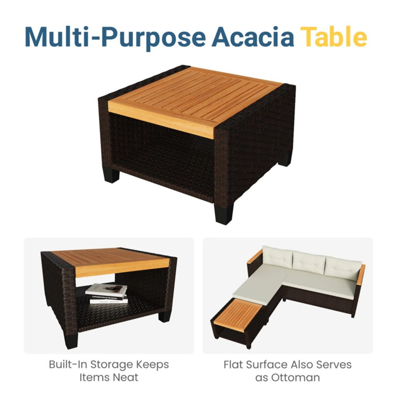 3-Piece L-Shaped Wicker Patio Set With Beige Cushions And Acacia Wood Storage Table, Brown, White