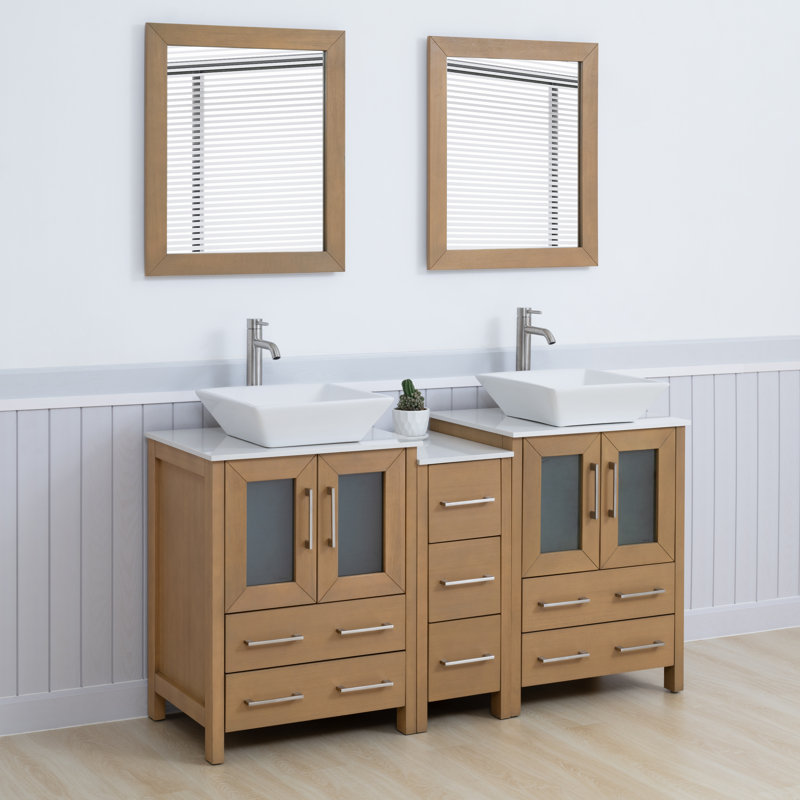 Ensemble de meuble-lavabo autoportant à double cuve 60 "avec plateau en marbre et miroirs assortis Ravenna, Chêne naturel