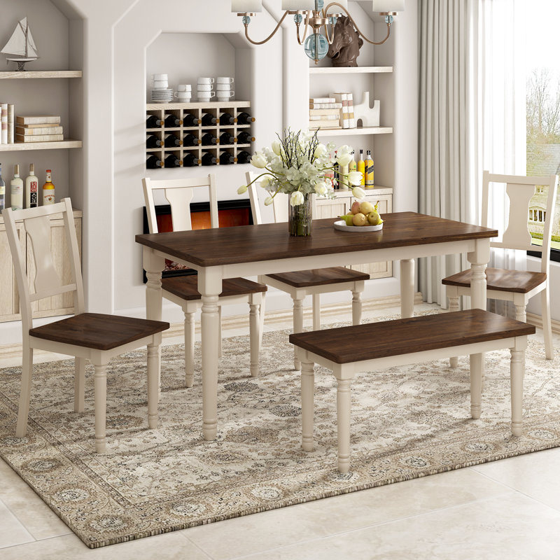 Aliou 6 - Person Four Leg Dining Set, Brown, Cream White, Cream White