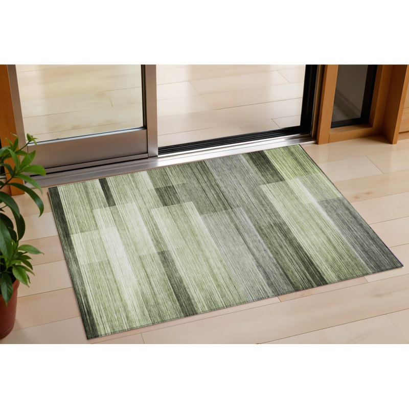 Tapis extérieur lavable rayé vert et ivoire 3 pi x 5 pi