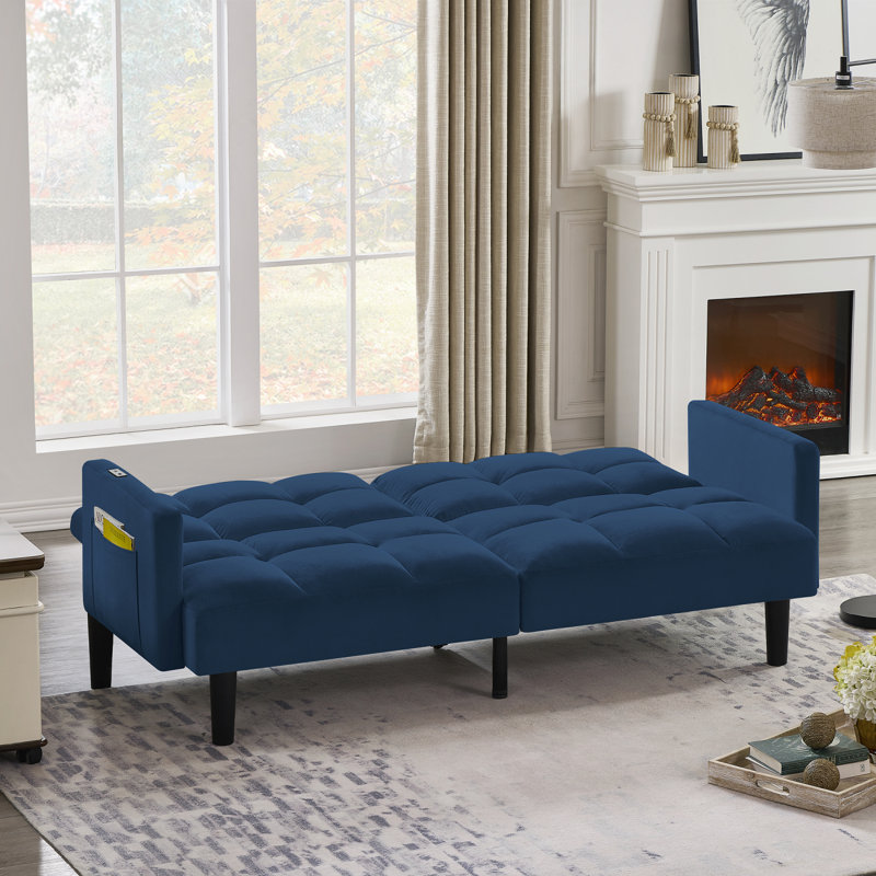 Velvet Futon Couch Convertible, Marine