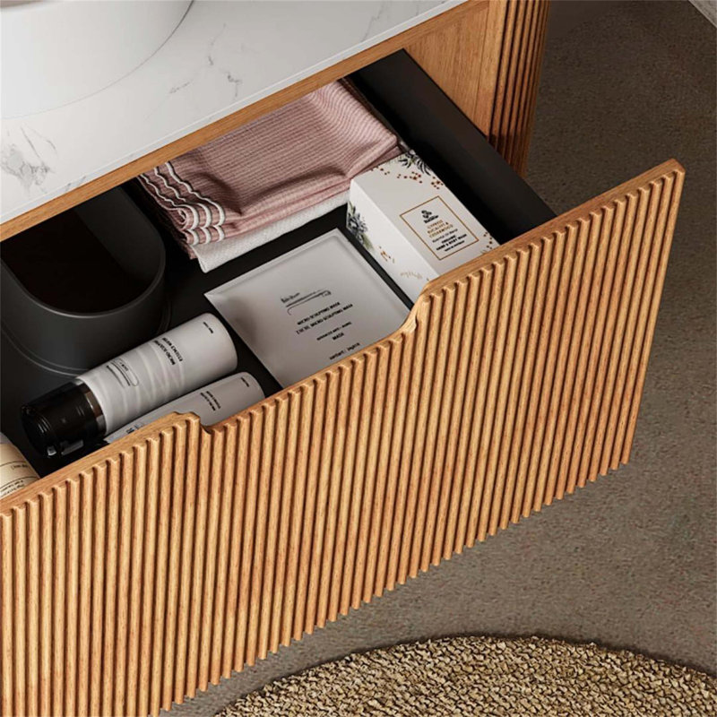 Bathroom Vanity With Sink, Modern Wall-Mounted Floating Curved Edges Striped Bathroom Storage Cabinet With A Drawer Round Ceramic Basin Without Faucet, Pre-Assembled