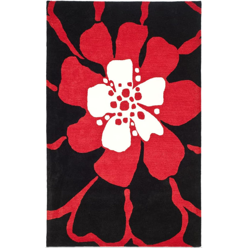 Tapis noir / rouge en laine tissé à la main 7 pi 6 po x 9 pi 6 po Rectangle
