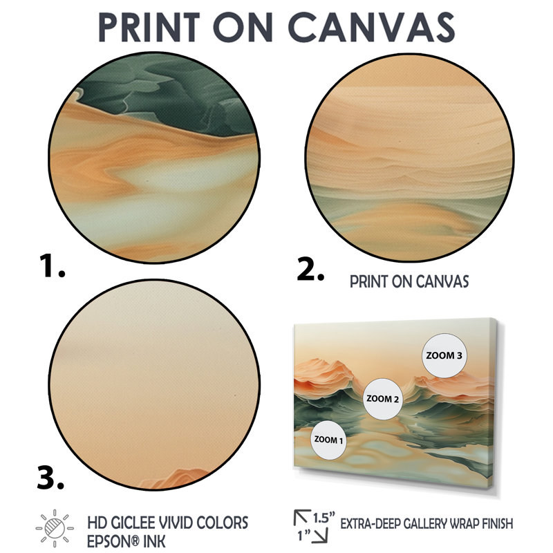 «Green Beige Magical Sunset Dunes I - Desert», reproduction d'art murale, Cadre flottant doré, H 28 po x l 60 po x P 1,5 po
