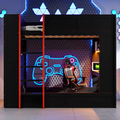 Lit superposé double en bois avec bureau, tablettes de rangement, DEL et station de charge, noir