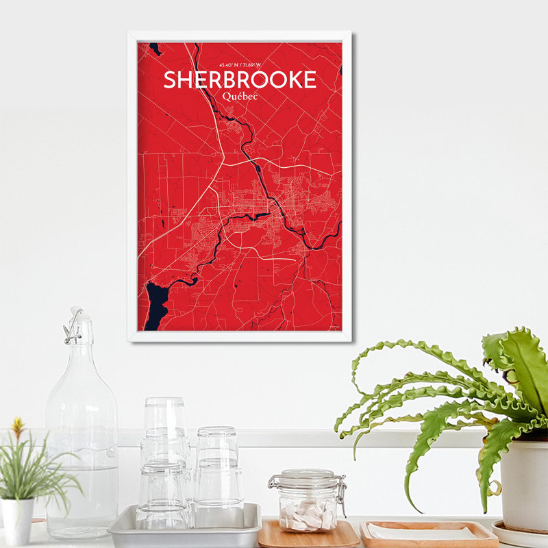 Sherbrooke, carte de la ville, impression, H 27,6 po x l 19,7 po, Rouge / Bleu marine