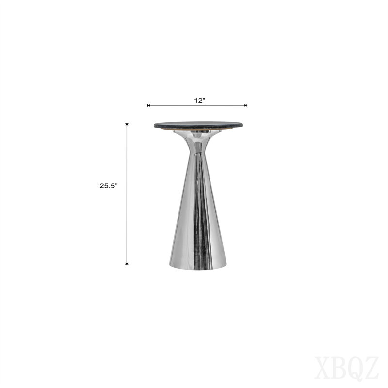 Table d'appoint argentée avec plateau en marbre noir et table d'appoint moderne avec base en métal pour salon 12 x 12 x 25,5 po