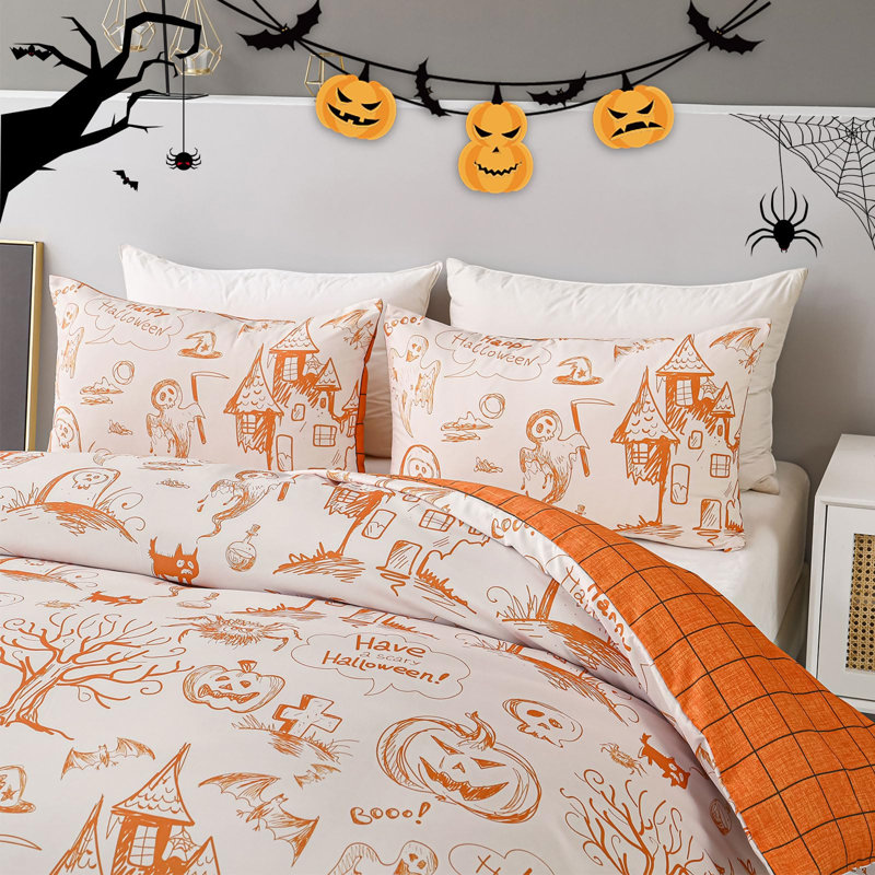 Literie d'Halloween en microfibre douce, trois pièces avec taies d'oreiller, motif citrouille et fantôme, orange et blanc