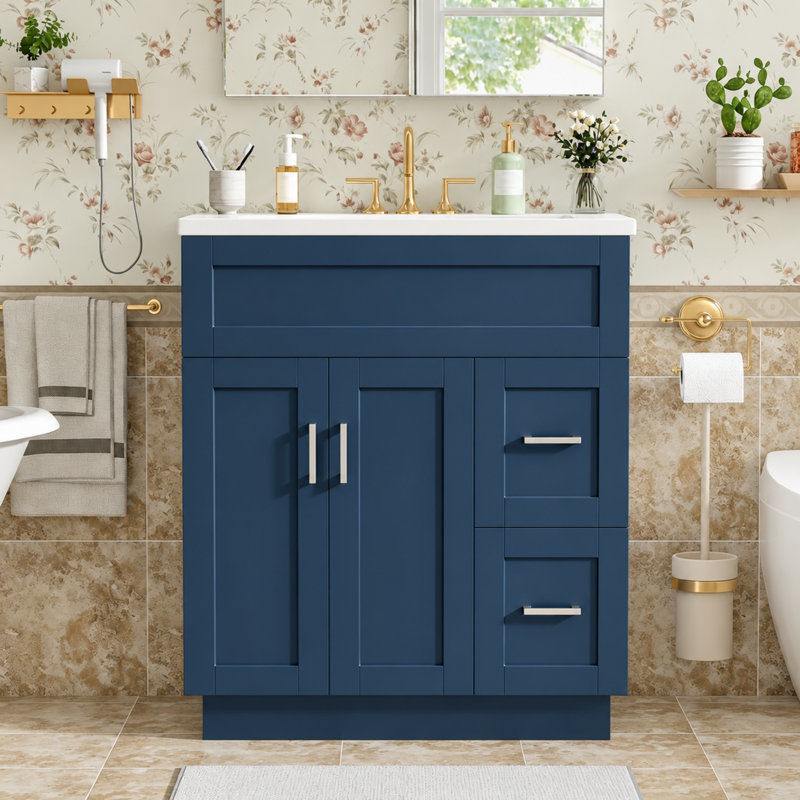 Meuble-lavabo autoportant Bluestream, Bleu, Tiroir de droite