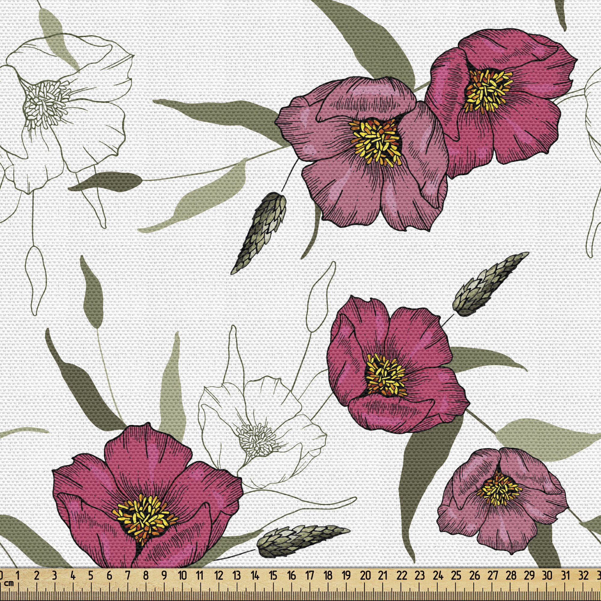 Ambesonne Floral Fabric by The Yard, Peony Floral Pattern with The Leaves  Vintage Style in Graphic Print Boho Art, Decorative Fabric for Upholstery