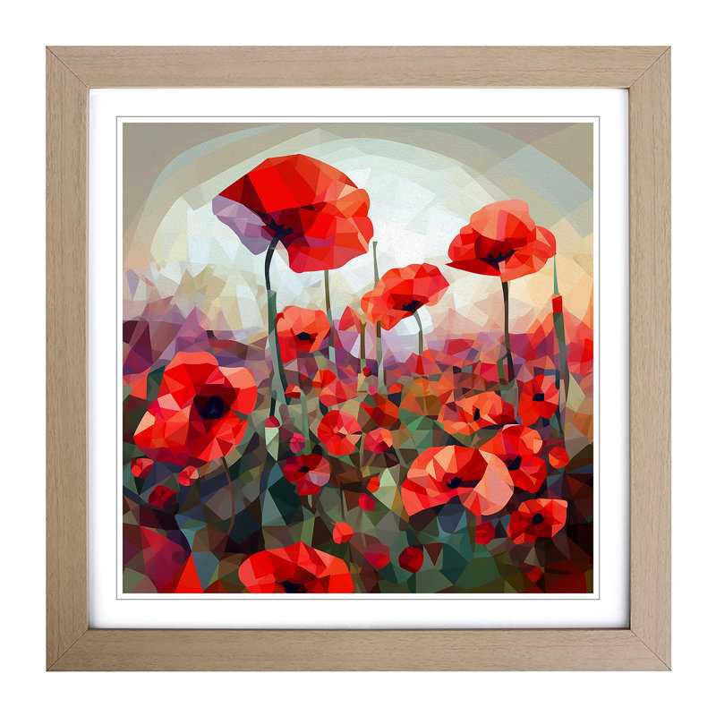 Poppy Field Cubism No.3 - Single Picture Frame Print on Wood, Oak