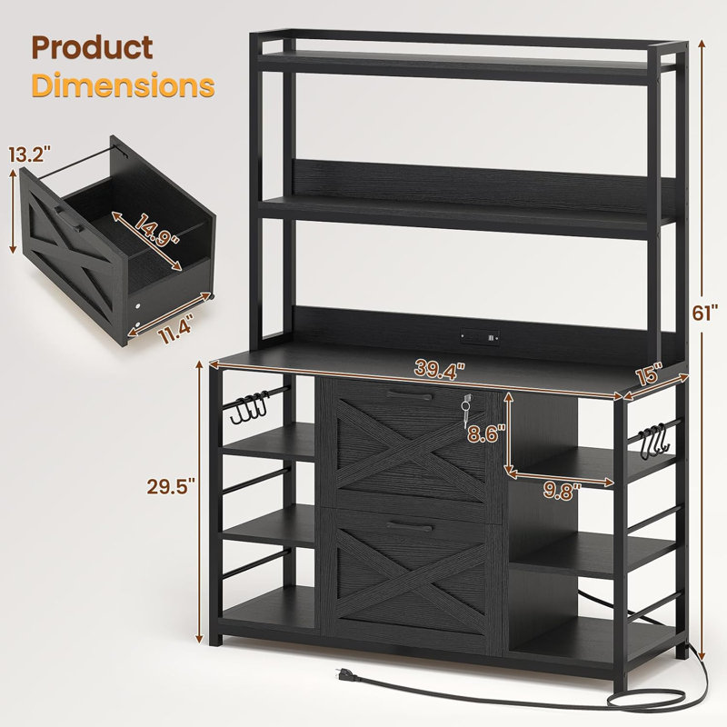 File Cabinet With Charging Station, Vertical Filing Cabinet With Lock For Home Office, Black