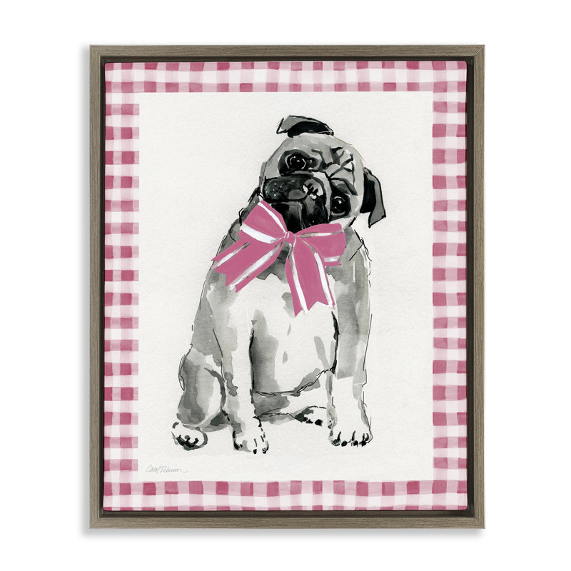  «Pug with Plaid Border», art mural sur toile par Carol Robinson, H 31 po x l 25 po, Cadre flottant orme Montalcino