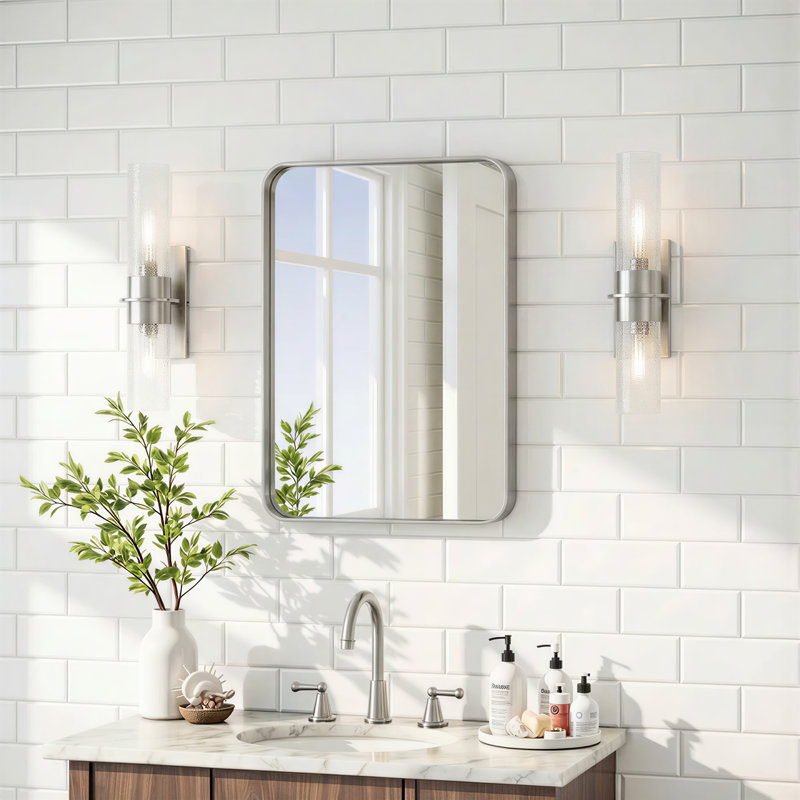 Miroir de salle de bain rectangulaire arrondi de 1,18 po avec cadre en alliage d'aluminium et verre trempé de qualité supérieure Lunara