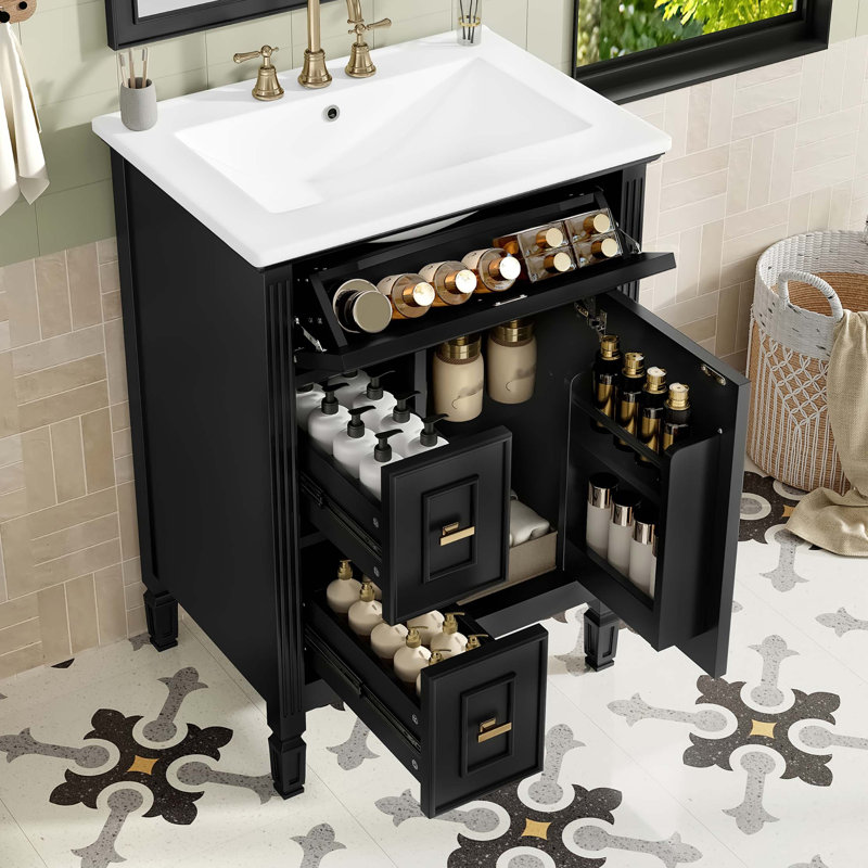 Meuble-lavabo moderne avec tiroir rabattable et rangement ajustable, Noir