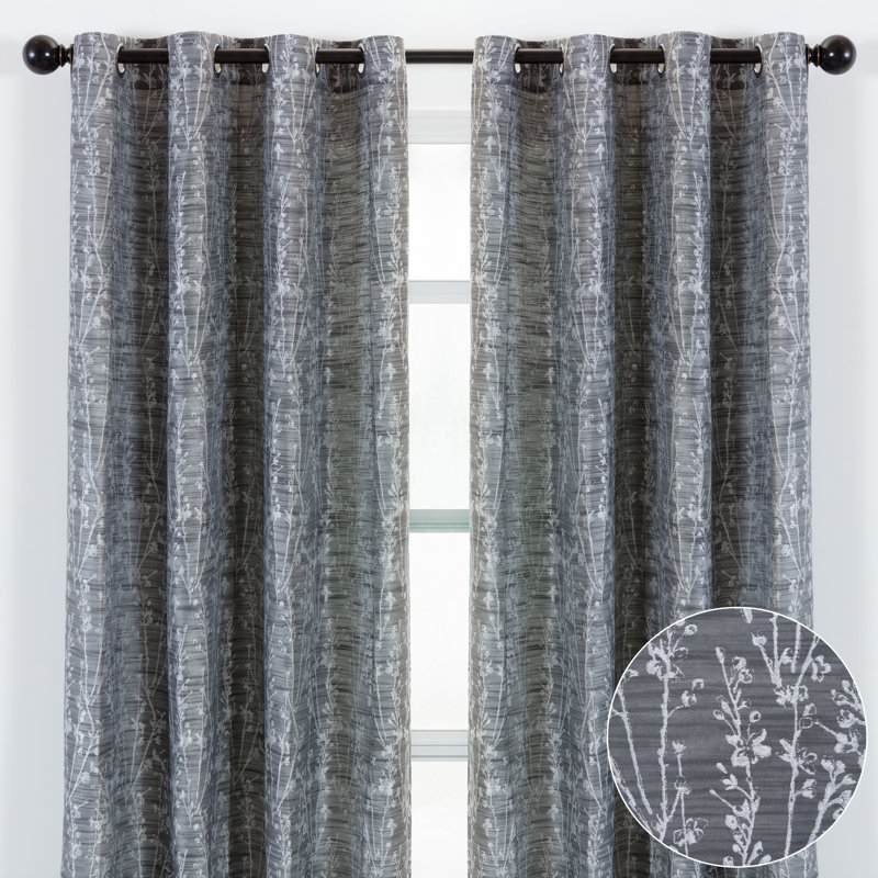 Floral Semi-Sheer Grommet Curtain Panels, 52" W x 84" L, Dark Gray