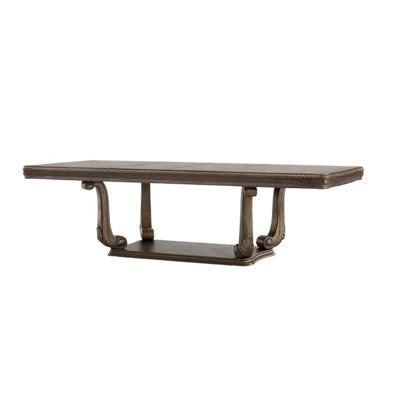 Rectangular Wooden Dining Table With Scroll Pedestal Base In Weathered Oak