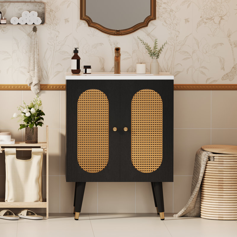 Balconera 24" Freestanding Rattan Bathroom Vanity With Ceramic Sink, Black