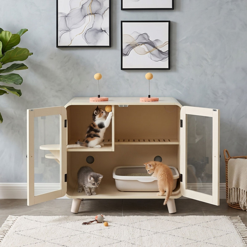 Enceinte de litière pour chat avec lumière DEL à changement de couleur et portes en verre, Beige