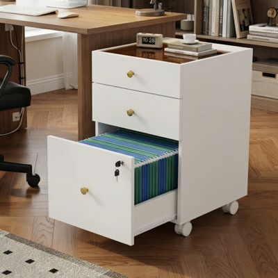 3-Drawer Mobile File Cabinet with Lockable File Drawer, Glass Top, Jewelry Organizer, Wide Printer Cabinet with Locking Casters for Office, Home,  Fits Letter & A4 Files, White